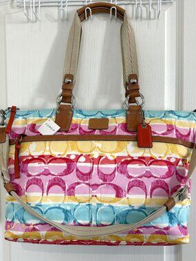 Coach Hamptons Weekend Stripe Signature Tote Bag Large Baby Beach 11758 NEW RARE